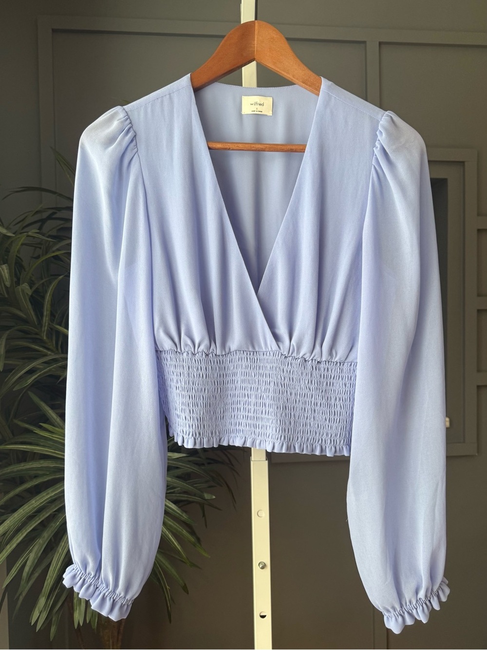 WILFRED Wistful Blouse Smocked V Neck Soft Iris Size S